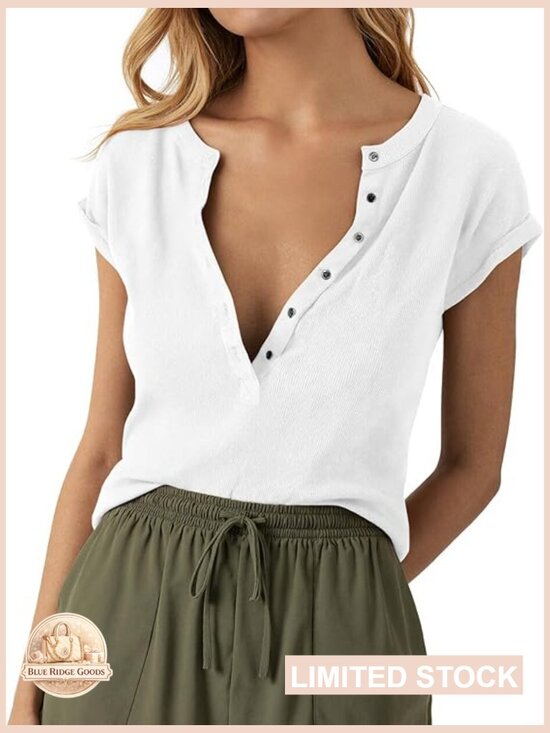 Tops - Ribbed Knit V Neck Tee Casual Henley Short Sleeve Summer Stretchy Fitted Top